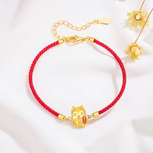 Pulsera de cadena roja con piedras de Buda en plata de ley 925, con el Año del Dragón, la Suerte y la Fuerza del Dragón Dorado