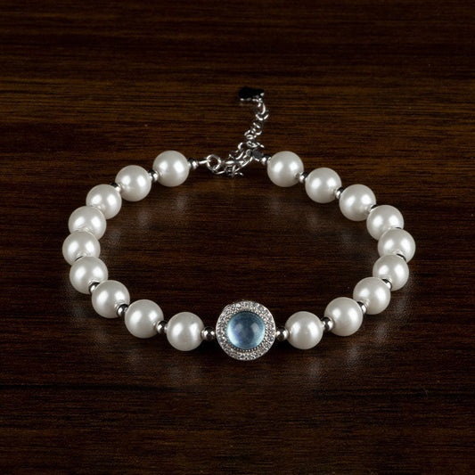 Pulsera y anillo de plata de ley 925 con piedras de Buda y calcedonia azul perla.