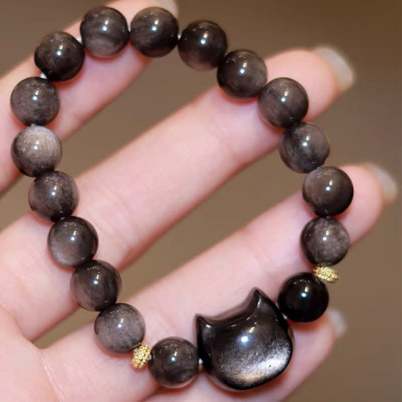 Pulsera de protección con piedras de Buda, obsidiana dorada y obsidiana plateada con brillo, con forma de pata de gato de la suerte.