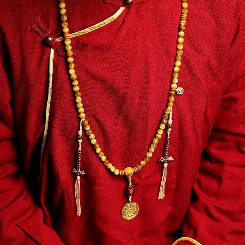 Buddha Stones 108 Mala-Perlen, natürliches Tigerauge, Kupfer, Dorje-Schutz, Quastenarmband