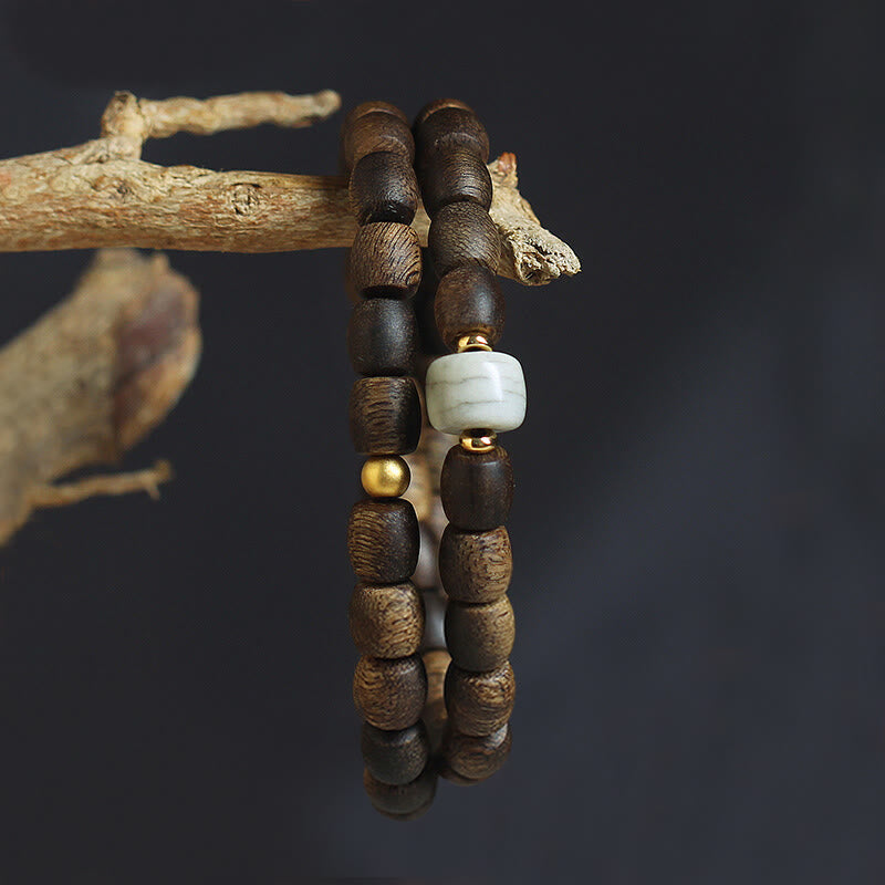 Buddha Stones 999 Gold Seltenes Tarakan-Adlerholz Tibetischer Alter Geistknochen Gleichgewicht Stärke Doppelwickelarmband