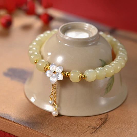 Buddha Stones 925 Sterling Silber Natürliche Hetian Jade Glücksblumenarmband