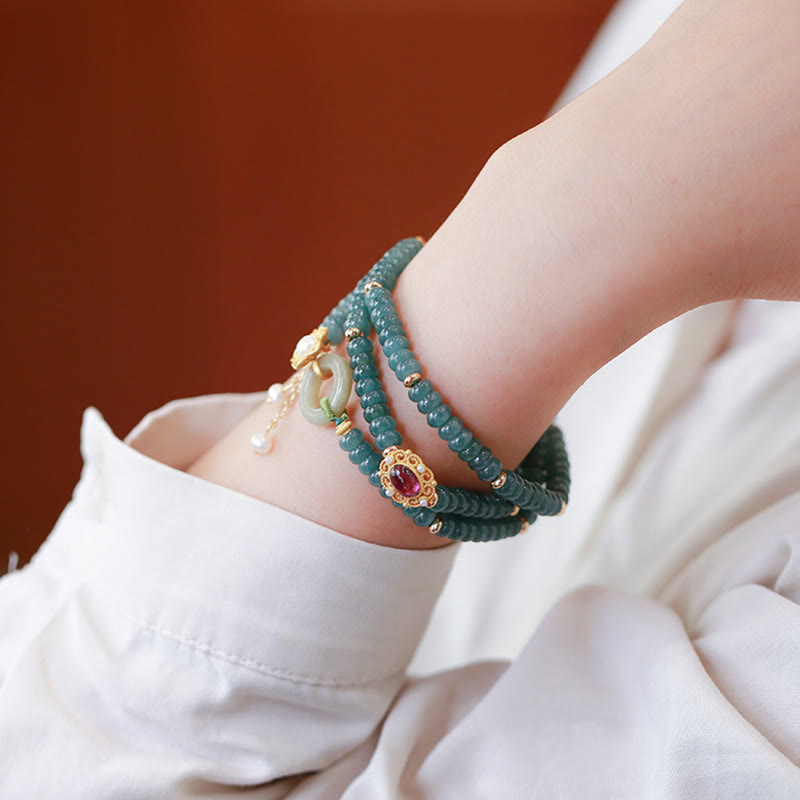Pulsera de tres vueltas con piedras de Buda, plata de ley 925, chapada en oro, con flor de jade cian y hebilla de paz