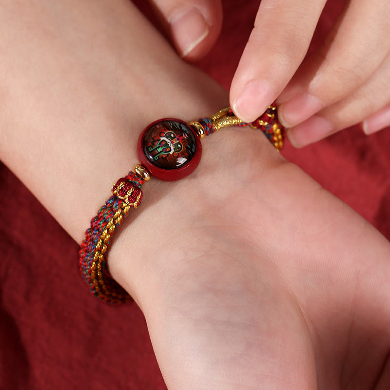 Pulsera trenzada con bendición de thangka de cinabrio y cuerda colorida con piedras de Buda