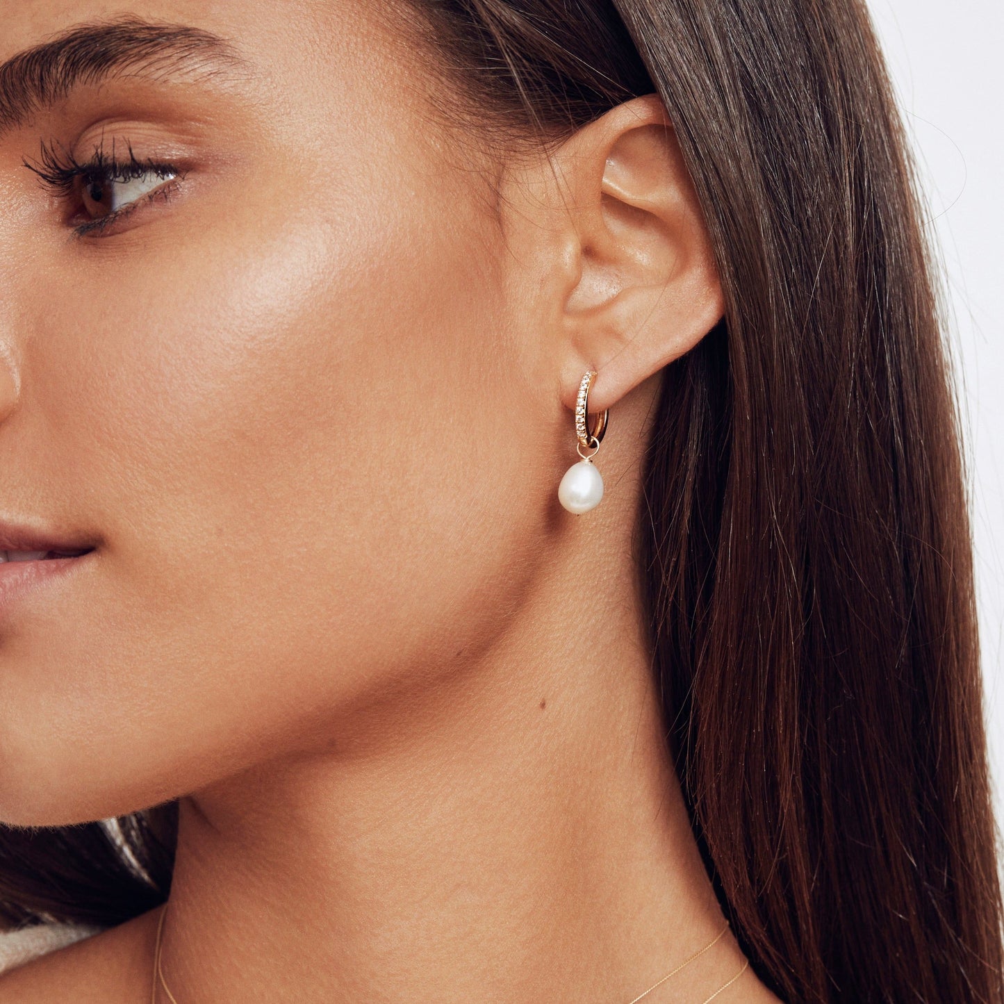 Solid White Gold Genuine Diamond Style Large Pearl Drop Hoop Earrings