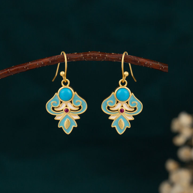Pendientes colgantes con turquesa, esmalte y cobre de Buddha Stones