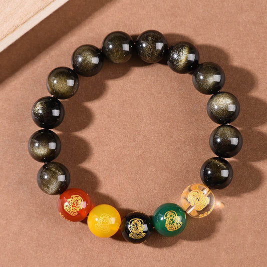 Pulsera de piedras de Buda con brillo dorado, obsidiana arcoíris, obsidiana negra y cinco direcciones de los dioses de la riqueza.
