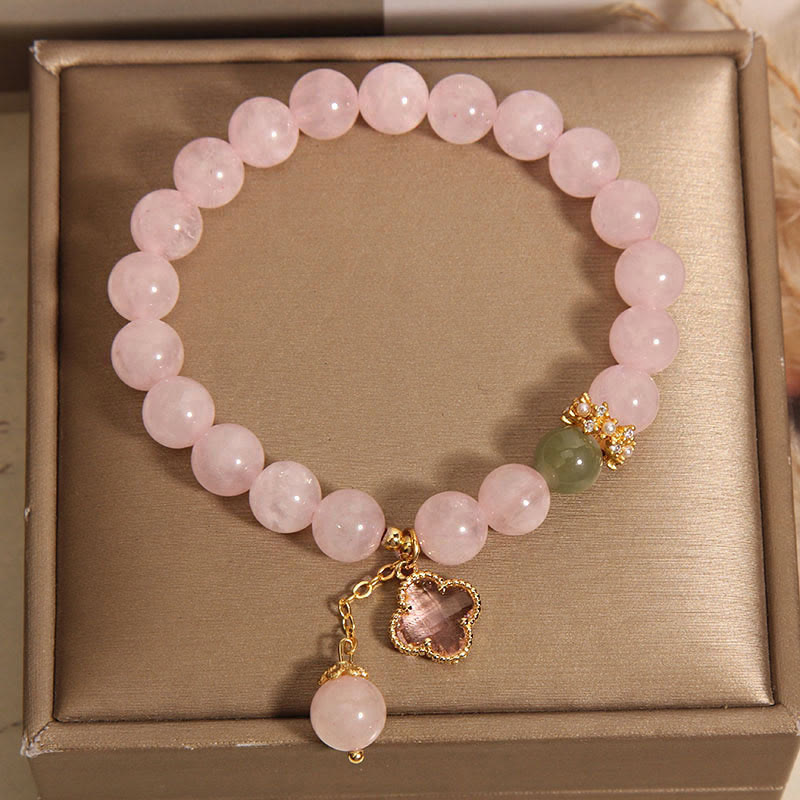 Pulsera relajante de trébol de cuatro hojas de cristal rosa natural de Buddha Stones