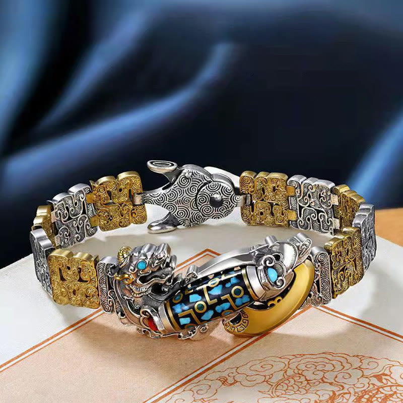Pulsera de la riqueza con cuentas Dzi tibetanas de nueve ojos y monedas de cobre y turquesa PiXiu