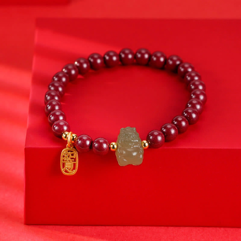 Buddha Stones 925 Sterling Silver Year of the Dragon Natural Cinnabar Hetian Jade Dragon Fu Character Ruyi As One Wishes Charm Blessing Bracelet
