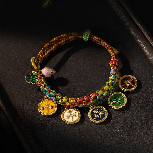 Pulsera trenzada tibetana de cuerda colorida con piedras de Buda, los cinco dioses de la riqueza y la suerte
