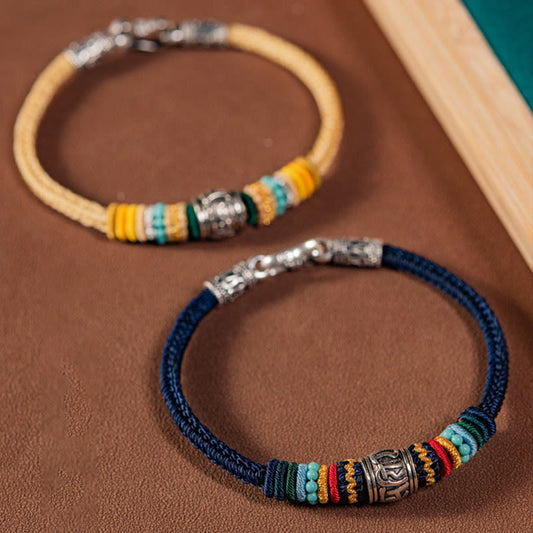 Pulsera trenzada tibetana de plata de ley 925 con piedras de Buda, hecha a mano y con la pureza del Om Mani Padme Hum.