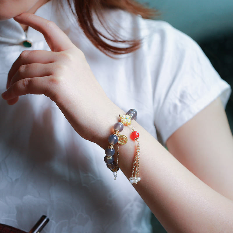 Pulsera de equilibrio con borlas de perla y ágata gris natural de Buda