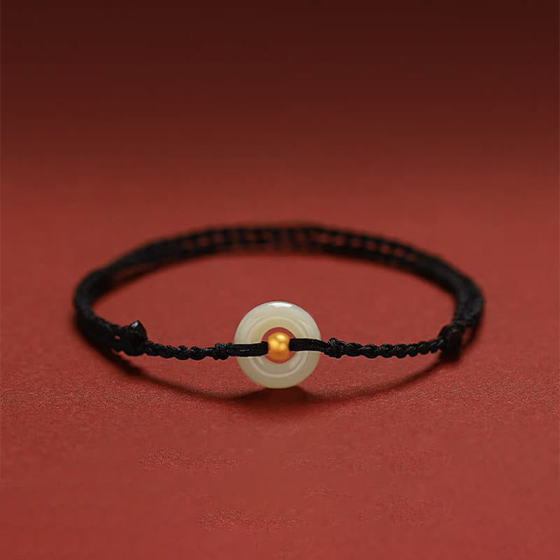 Buddha Stones 999 Goldperle, runde Friedensschnalle, Hetian Jade, Glück und Fülle, geflochtenes Armband, Fußkettchen