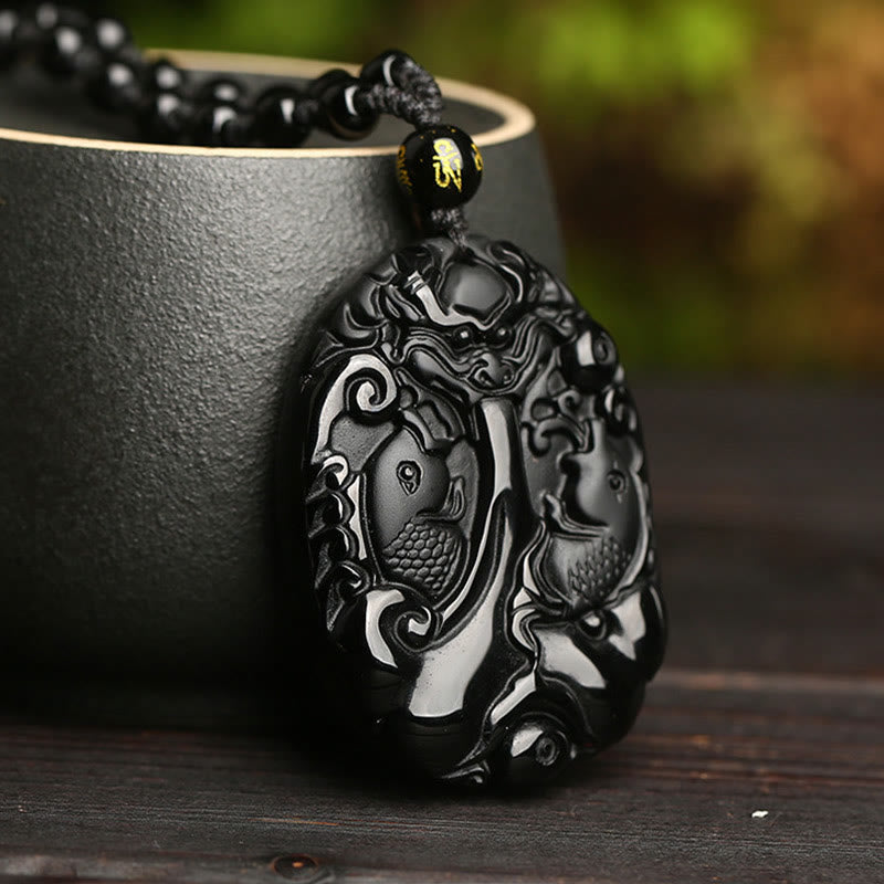 Collar con colgante de piedra de Buda, obsidiana negra, pez koi, cuerda de cuentas, fuerza de cumplimiento