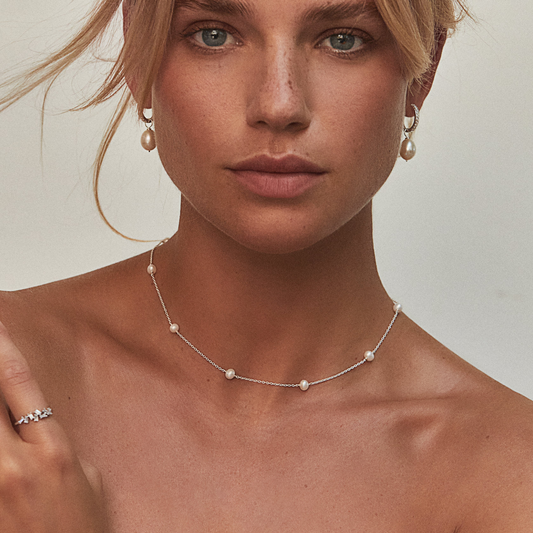 Silver Diamond Style Large Pearl Hoops and Ten Pearl Choker Gift Set