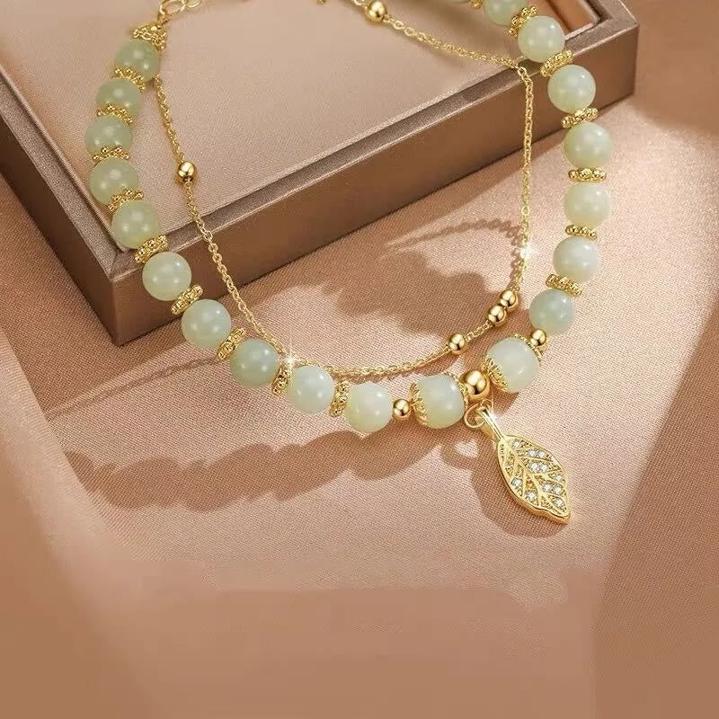 Pulsera de cuentas con piedras de Buda, hojas de jade, ginkgo, tulipán, cacahuete y carácter Fu, con la suerte