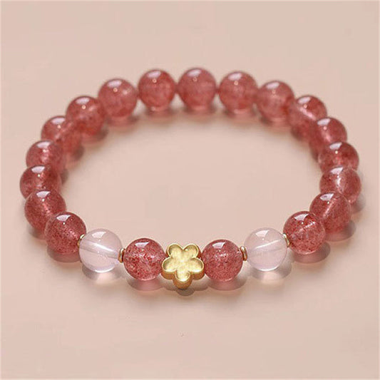 Pulsera de curación para atraer la fortuna con piedras de Buda, cuarzo fresa natural, flor de melocotón, PiXiu