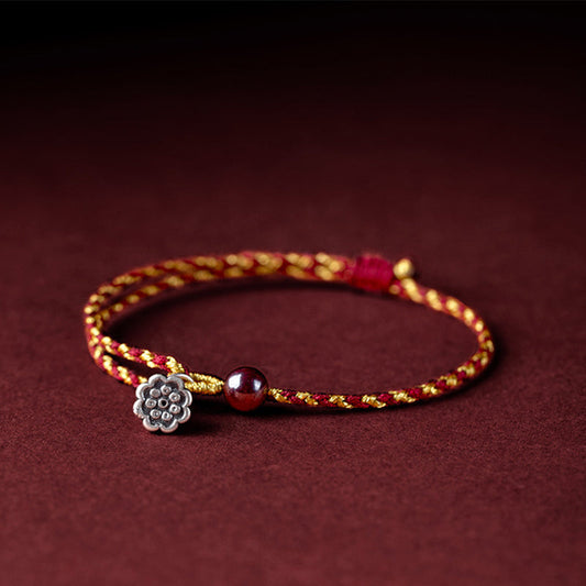 Pulsera trenzada con dije de paz y alegría de loto, hecha a mano con piedras de Buda y cuerda de oro rojo
