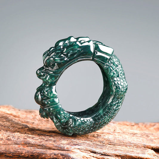 Anillo de éxito con dragón tallado en jade cian natural de Buda