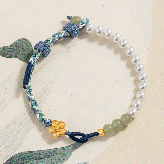 Pulsera de la suerte trenzada con piedras de Buda, jade hetiano, flor de durazno y perla, en plata de ley 925