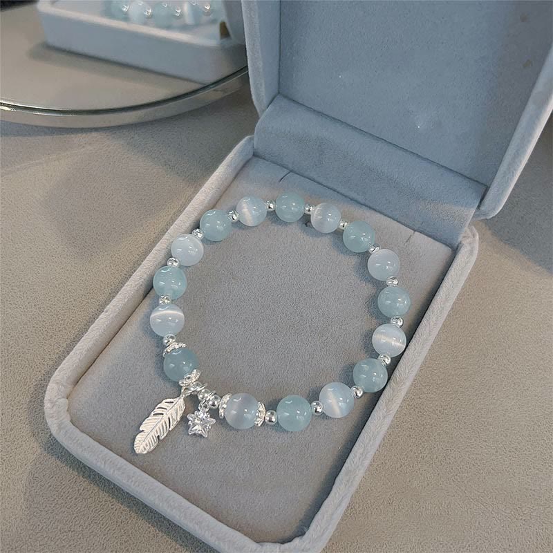Buddha Stones 925 Sterling Silber Aquamarin Katzenauge Heilfeder Stern Charm Armband