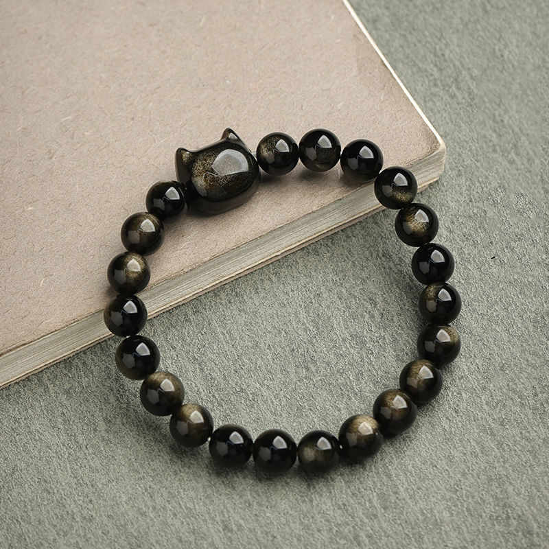 Pulsera de protección con piedras de Buda, obsidiana dorada y obsidiana plateada con brillo, con forma de pata de gato de la suerte.