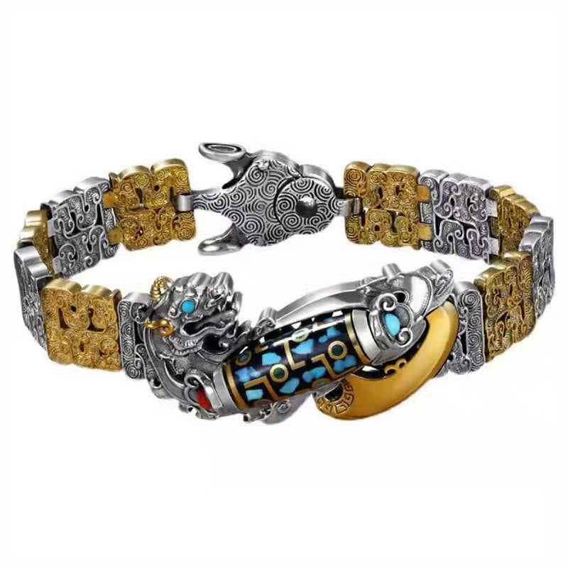 Pulsera de la riqueza con cuentas Dzi tibetanas de nueve ojos y monedas de cobre y turquesa PiXiu