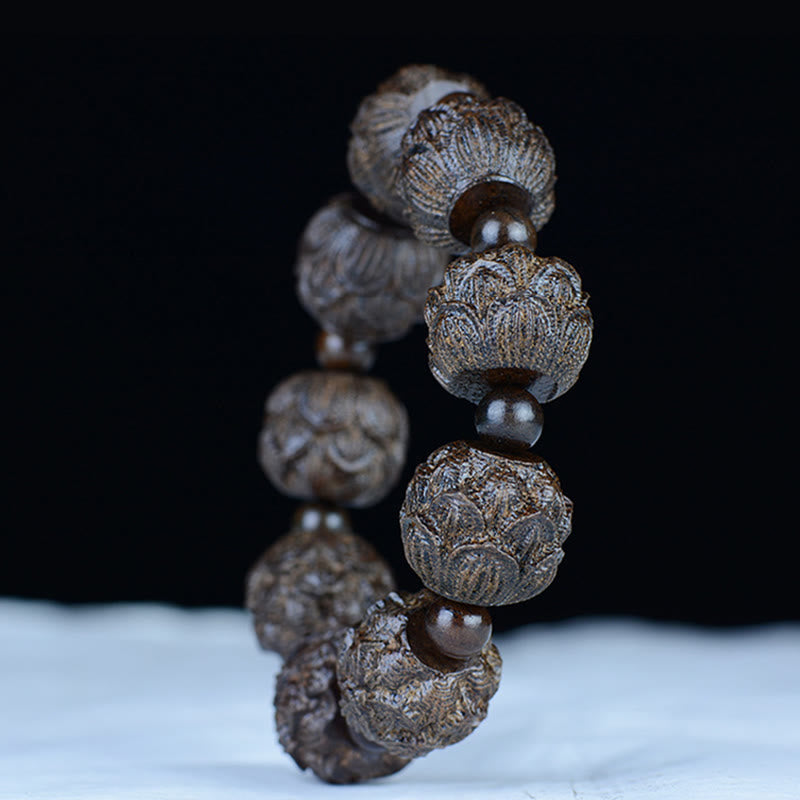 Pulsera de equilibrio con grabado de dragón de loto y dieciocho arhats de madera de ébano y piedras de Buda