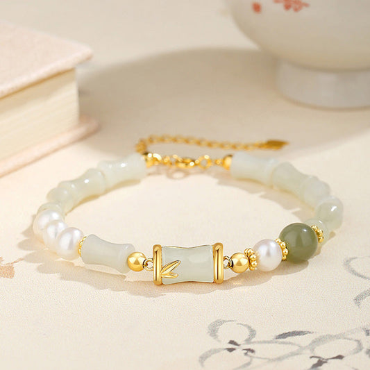 Pulsera de plata de ley 925 con piedras de Buda y jade blanco hetiano natural, con bendición de la suerte y bambú.