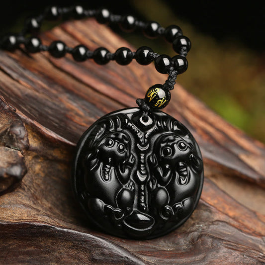 Collar con colgante de purificación de cuerda de cuentas de Pixiu dobles de obsidiana negra con piedras de Buda