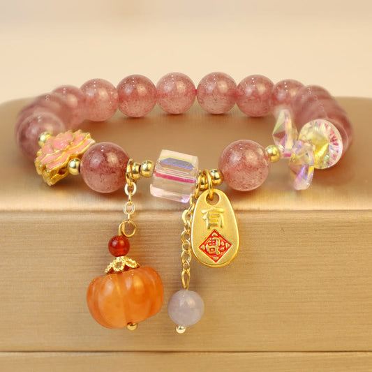 Pulsera con dije de calabaza y carácter Fu de cuarzo fresa natural de Buddha Stones