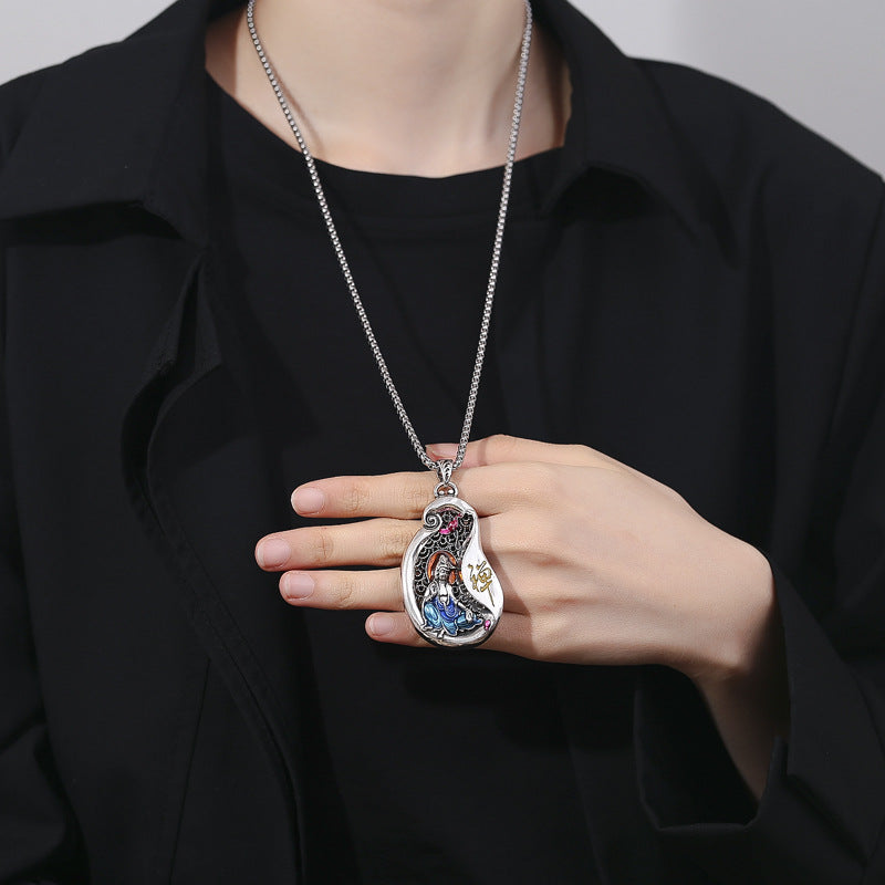 Collar con colgante de cobre con diseño de loto de Avalokitesvara y piedras de Buda para la riqueza