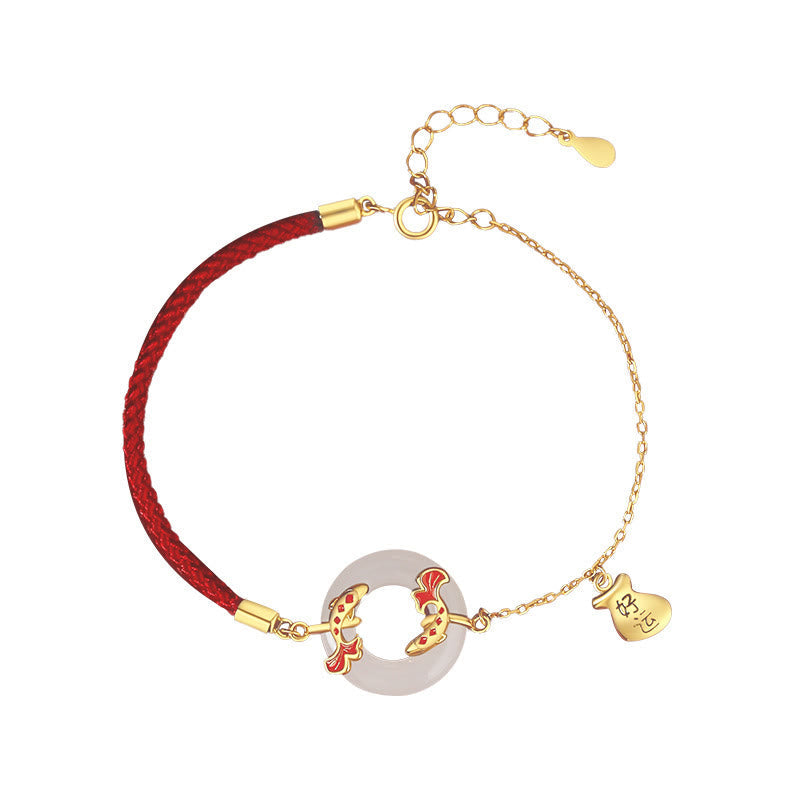 Buddha Stones 999 Sterling Silber Hetian Weiße Jade Doppel Koi Fisch Friedensschnalle Glücksbringer Reichtum Armband
