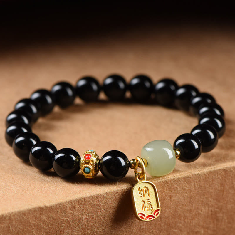 Pulsera de amuleto de la suerte con cuentas de jade hetiano de ónix negro y piedras de Buda