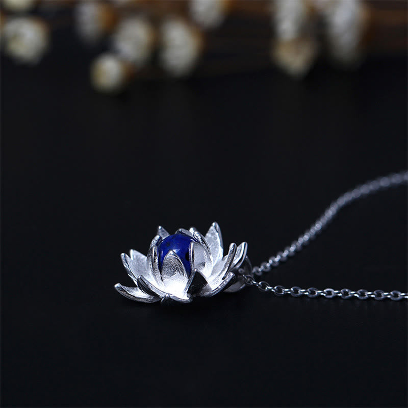 Collar con colgante de flor de loto y lazurita de plata de ley 925 con piedras de Buda para el autocuidado