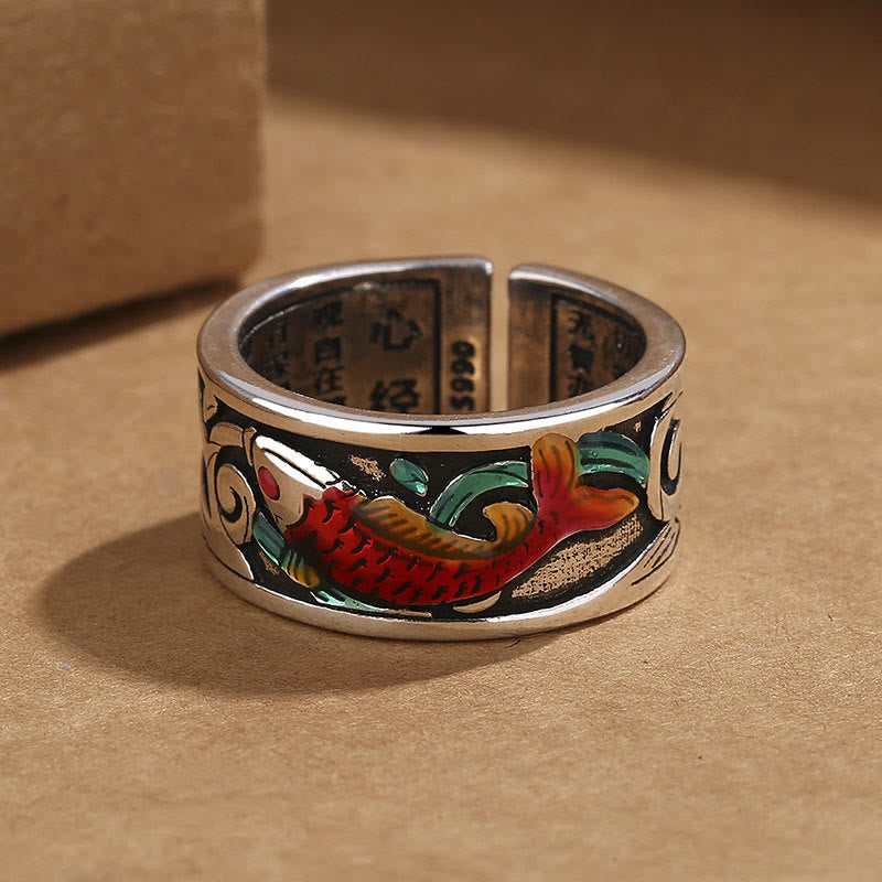 Buddha Stones Blau Emaille Koi Fisch Herz Sutra Erfolg Ring