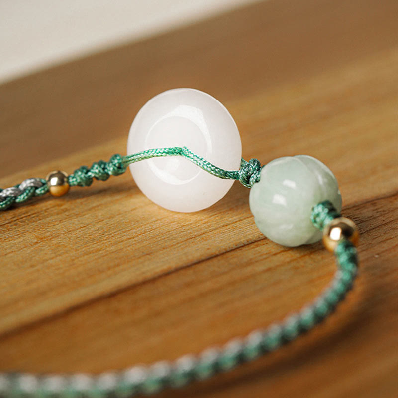 Pulsera trenzada con cuentas de calabaza y hebilla de paz de jade blanco y piedras de Buda para bendición de la suerte