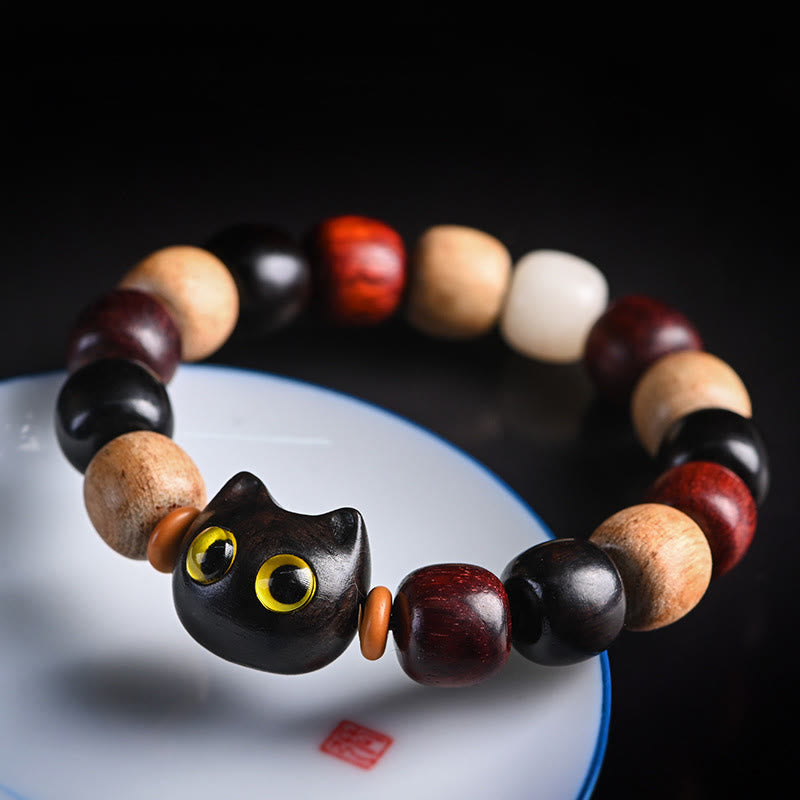 Pulsera de protección con piedras de Buda, hoja pequeña, sándalo rojo, madera de ébano y gato grabado