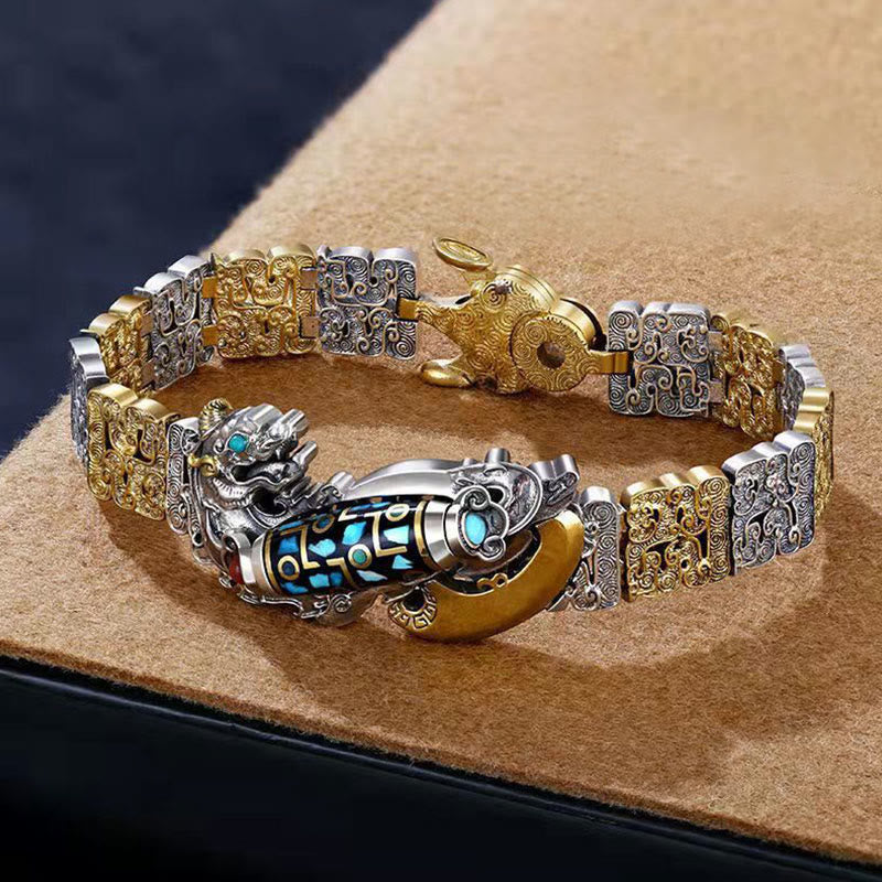 Pulsera de la riqueza con cuentas Dzi tibetanas de nueve ojos y monedas de cobre y turquesa PiXiu
