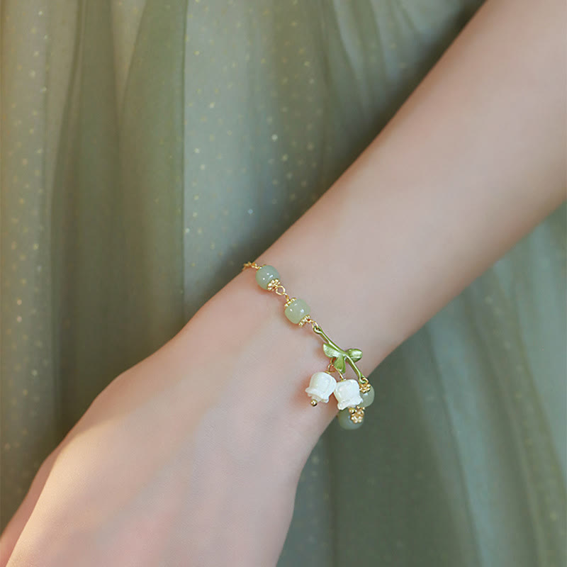 Buddha Stones Green Jade Bead Lily of the Valley Prosperity Chain Bracelet