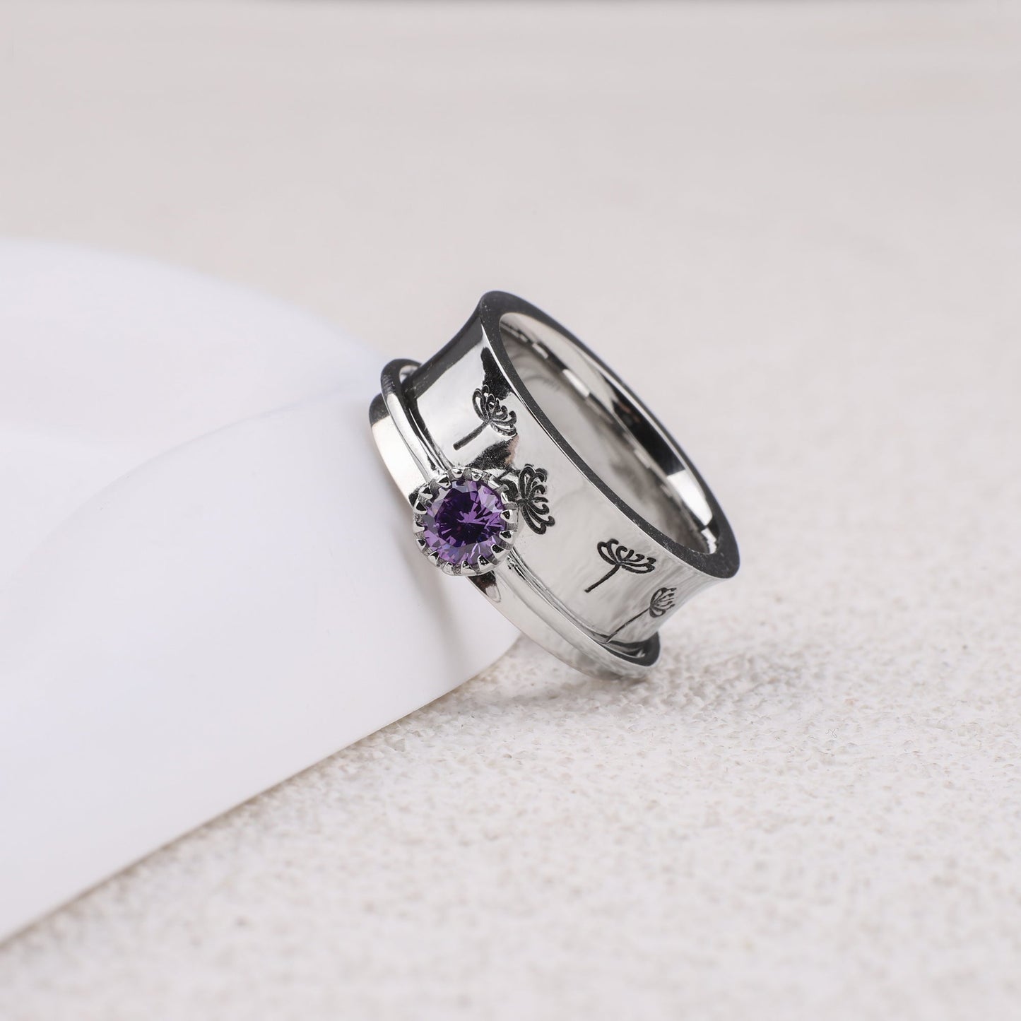 Silver Dandelion Birthstone Spinning Fidget Ring