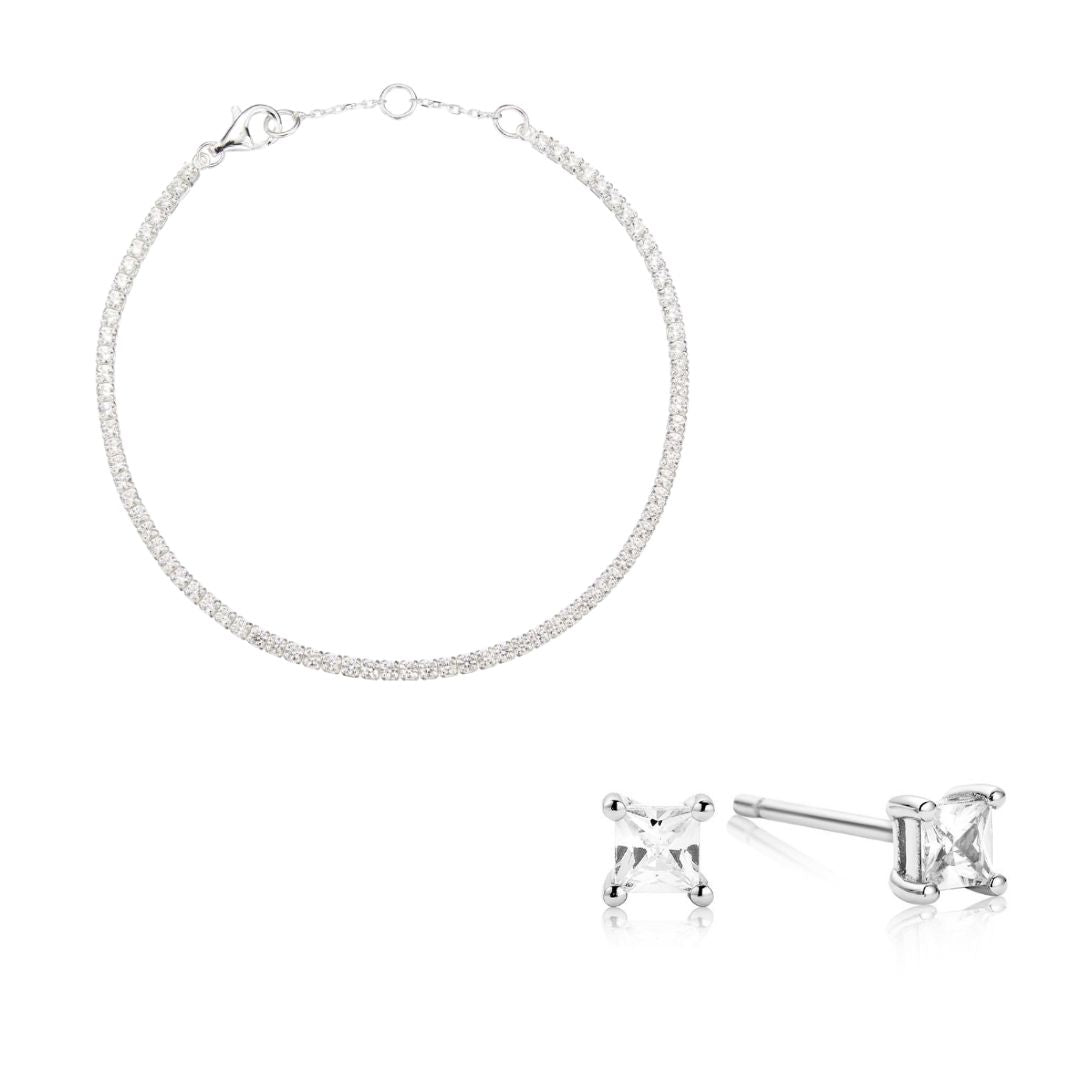 Silbernes Tennisarmband und Ohrstecker im Princess-Diamant-Stil