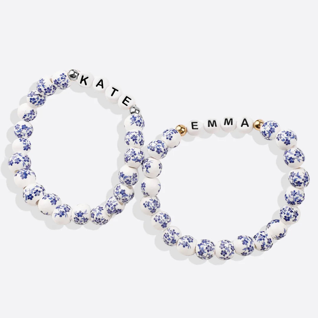 Blaues Porzellan-Armband mit Blumenperlen für Mama und Oma