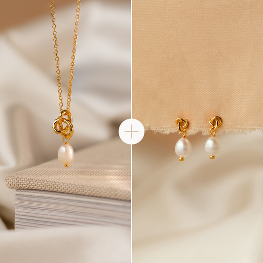 Conjunto de collar y pendientes de perlas con nudo