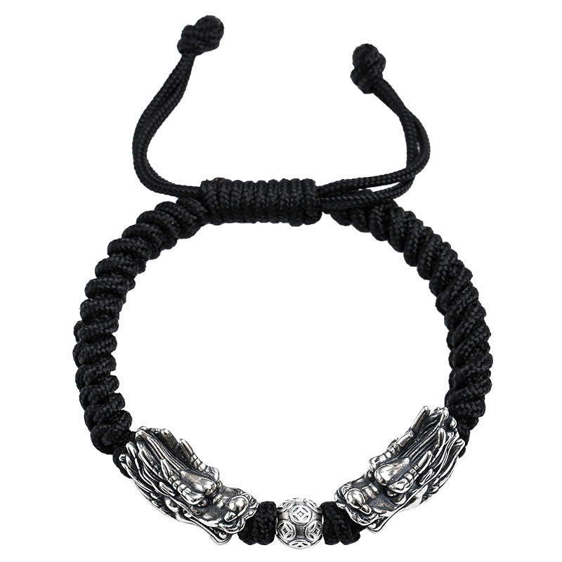 Buddha Stones 999 Sterling Silber Doppeldrache Glück Handgefertigtes geflochtenes Armband