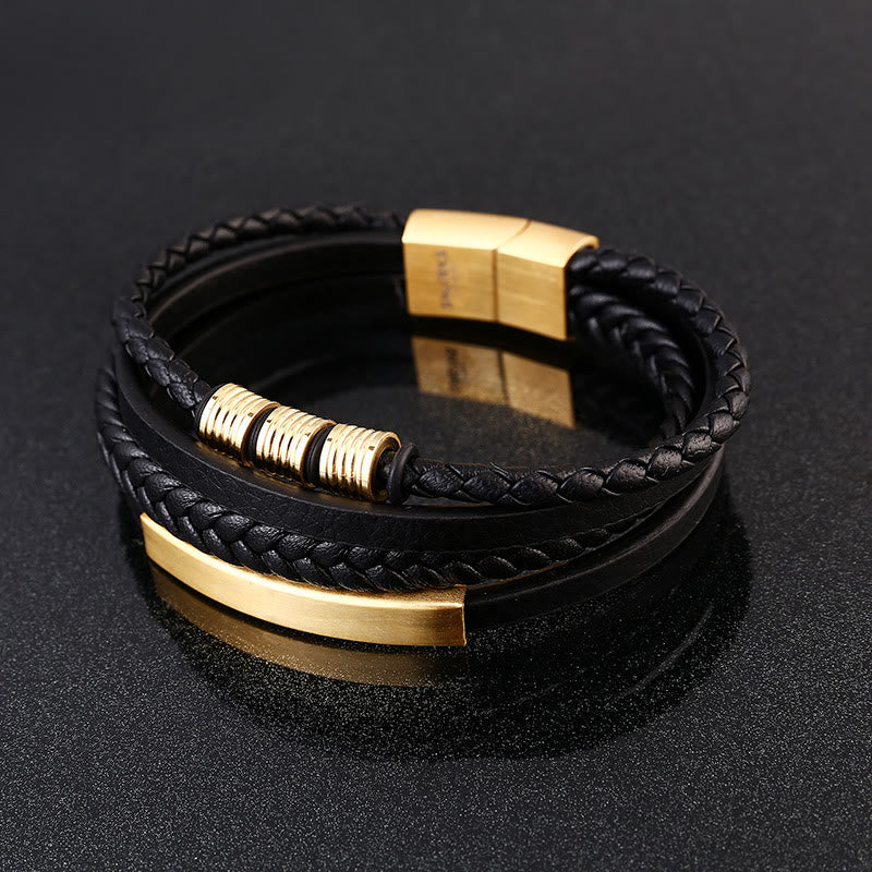 Pulsera trenzada multicapa de cuero y acero de titanio con hebilla magnética y piedras de Buda
