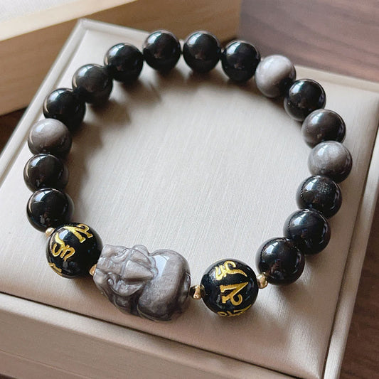 Pulsera de protección Pixiu Om Mani Padme Hum con piedras de Buda, plata natural, brillo, obsidiana negra