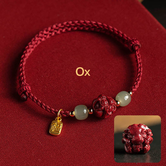 Pulsera de cuerda de la suerte con piedras de Buda, cinabrio natural, jade hetiano del zodiaco chino, personaje Fu