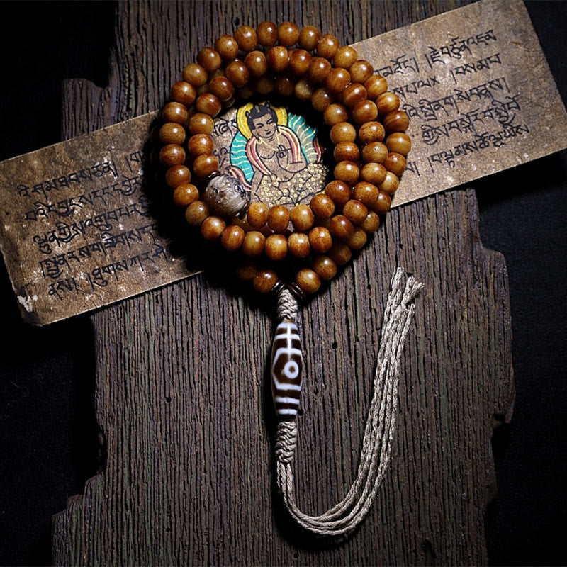 Pulsera tibetana de 108 cuentas Mala de hueso de yak con tres ojos de Dzi y piedras de Buda para alejar los malos espíritus.